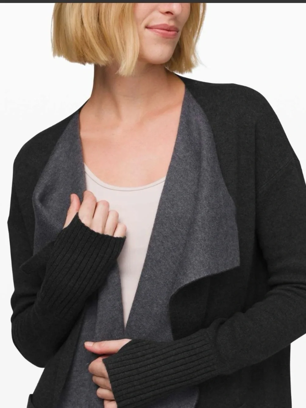 LULULEMON L Still Lotus wrap Grey-Black thumb sleeve pocket reversible cardigan - Picture 2 of 16